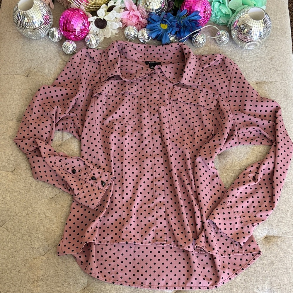 Polka Dot Button-Front Blouse - Pink